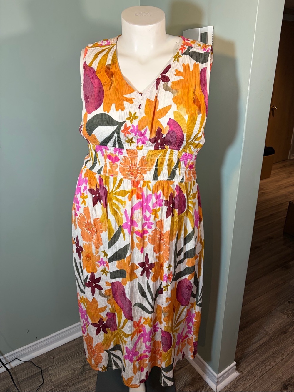 154. Charlie B Floral V-Neck Sleeveless Dress - White with Orange & Pink Floral